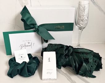 ESSENTIALS = Bridesmaid / Maid of Honour Proposal Box Emerald Green Lace Robe Champagne Flute Scrunchie  Personalised Proposal gift Box