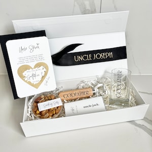 Will you be my godfather? Personalised gift box godfather gifts  godfather shot glass, bottle opener, mixed nuts Chocolate, and scratch card