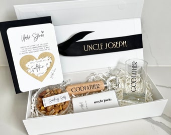 Will you be my godfather? Personalised gift box godfather gifts  godfather shot glass, bottle opener, mixed nuts Chocolate, and scratch card