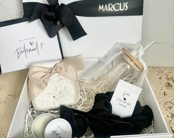 OG PLUS - Bridesmaid / Maid of Honour Proposal Box  Personalsied Box Glass Tumbler Caramel candle Jewellery Box scrunchie Sunglasses BLACK