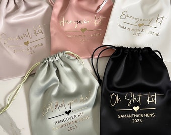 Personalised Bridesmaid Bags Hens Survival Kit Hangover kit Bags Satin Favour Bags Bachelorette Gift Bags Hens Bags 15x20cm