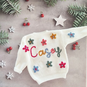 BABY NAME SWEATER® Toddler Hand Embroidered Sweater Toddler Sweater Newborn Name Sweater Custom Name Sweater Custom Baby Jumper Letters+Flowers-8pcs