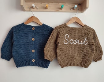 BABY NAME CARDIGAN® -Toddler -Hand Embroidered Knit Cardigan- Toddler Cardigan- Newborn Name Cardigan- Custom Knit Cardigan