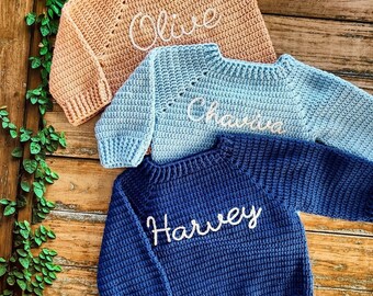 BABY NAME SWEATER® -Hand Embroidered Knit Sweater - Baby Sweater - Newborn Name Sweater - Custom Baby and Toddler Sweater -Baby Shower Gift