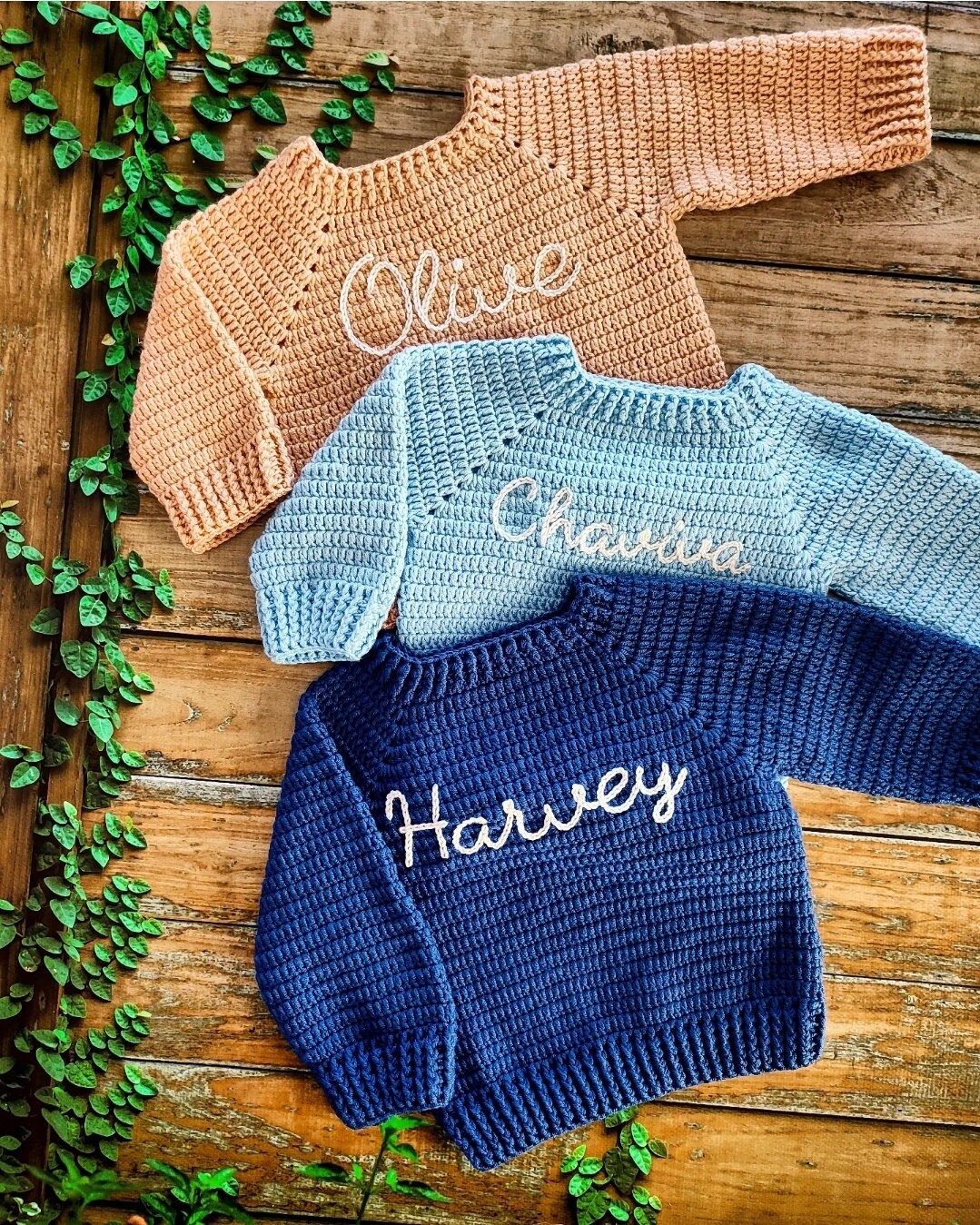 BABY NAME SWEATER® hand Embroidered Knit Sweater Baby pic