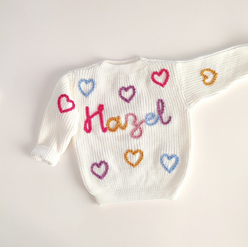 BABY NAME SWEATER® Toddler Hand Embroidered Sweater Toddler Sweater Newborn Name Sweater Custom Name Sweater Custom Baby Jumper Letters+Heart-8pcs