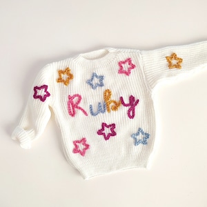 BABY NAME SWEATER® Toddler Hand Embroidered Sweater Toddler Sweater Newborn Name Sweater Custom Name Sweater Custom Baby Jumper Letters+Stars-8pcs