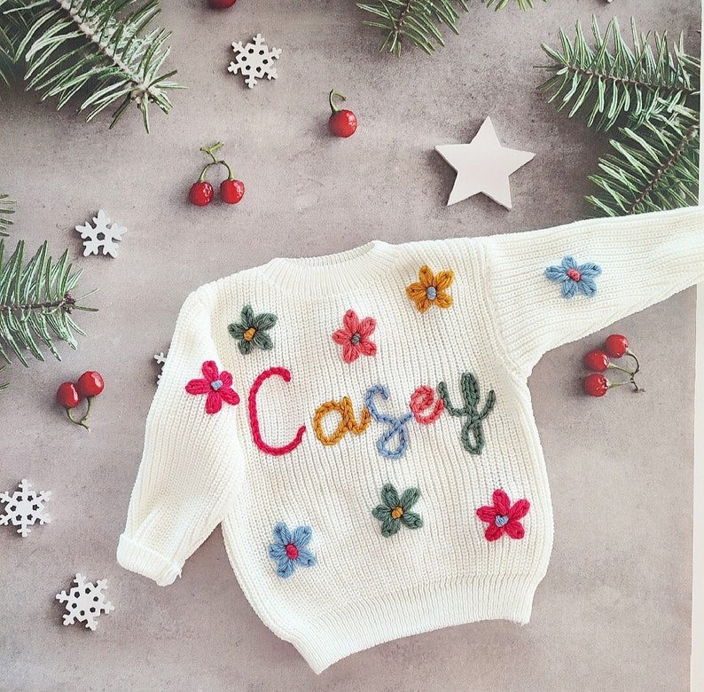 BABY NAME SWEATER® Toddler Hand Embroidered Sweater Toddler Sweater Newborn Name Sweater Custom Name Sweater Custom Baby Jumper Letters+Flowers-8pcs