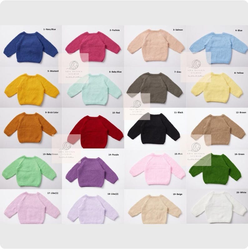May include: A collection of twenty knitted sweaters in various colors, including navy blue, fuchsia, salmon, and blue. Each sweater has a crew neck and long sleeves. The sweaters are arranged in rows and columns, with color names labeled above each.