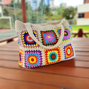 Granny Square Bag, Crochet Handle Bag, Crochet Bag, Boho Bag, Beach Bag, Shoulder Bag, Granny Square Beige Bag, Patchwork Bag, Gift for her