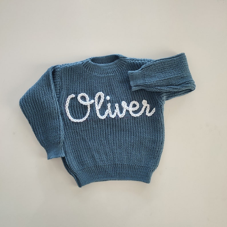 BABY NAME SWEATER® Toddler Hand Embroidered Sweater Toddler Sweater Newborn Name Sweater Custom Name Sweater Custom Baby Jumper image 7