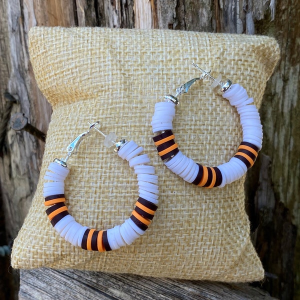 Cleveland Browns Earrings | Heishi Beads | Hoop | Polymer Clay | Brown | Orange | White | Silver | Gold | 30MM | 40MM | Game Day | Fall