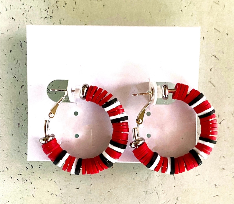 Ohio State Buckeyes Earrings | Hoop | Polymer Clay Heishi Beads | Scarlet | Gray | Silver | Gold | 30MM | 40MM | College | Perfect Gift image 5