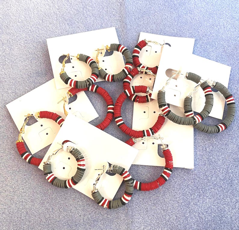Ohio State Buckeyes Earrings | Hoop | Polymer Clay Heishi Beads | Scarlet | Gray | Silver | Gold | 30MM | 40MM | College | Perfect Gift image 1
