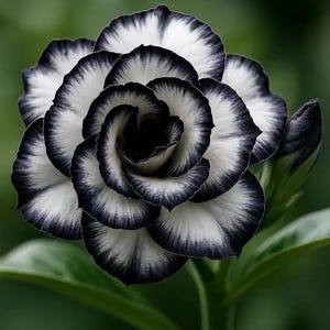 May include: Close-up of a striking flower with white petals edged in black. The flower's center is a deep black, with a bud visible to the right. Green leaves provide a natural backdrop, highlighting the flower's unique color contrast.