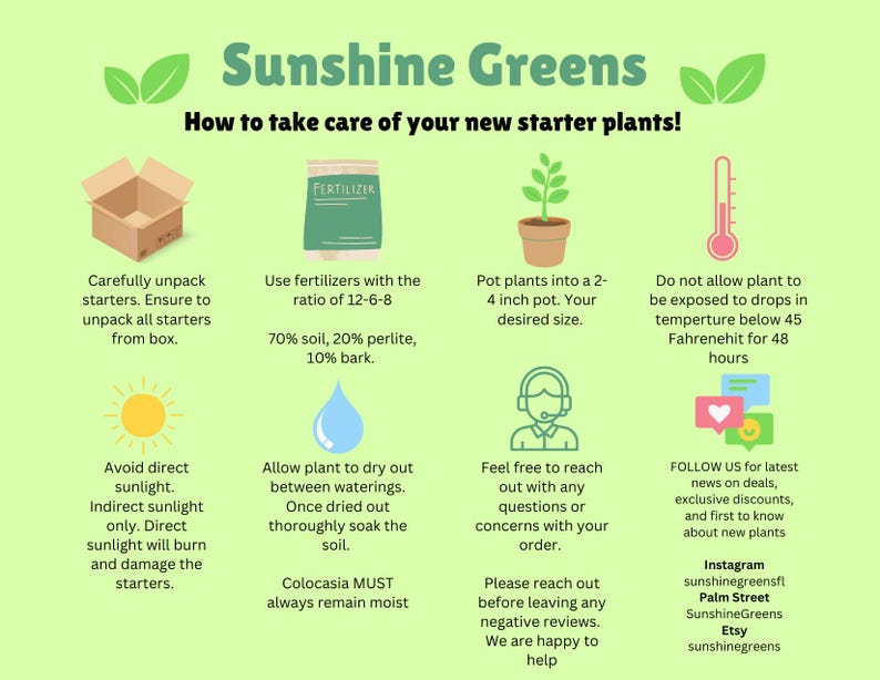 May include: A green and white infographic with the title "Sunshine Greens" and instructions on how to care for starter plants. The infographic includes illustrations of a plant, a box, a bag of fertilizer, a thermometer, a sun, a water drop, and a person with a headset. The text includes instructions on unpacking, fertilizing, potting, temperature, sunlight, watering, and customer service.
