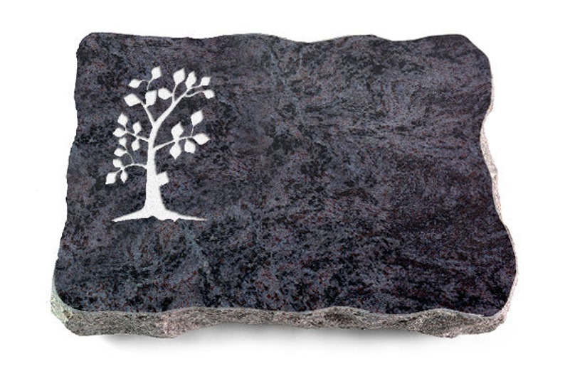 Granit Grabplatte 40x30x5cm im Material Orion, Oberfläche Poliert Kanten gesprengt inklusive Inschrift und Ornament Baum 1