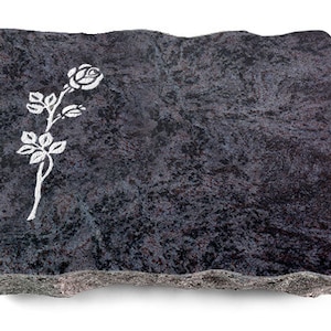 Granit Grabplatte 40x30x5cm im Material Orion, Oberfläche Poliert Kanten gesprengt inklusive Inschrift und Ornament Rose 2