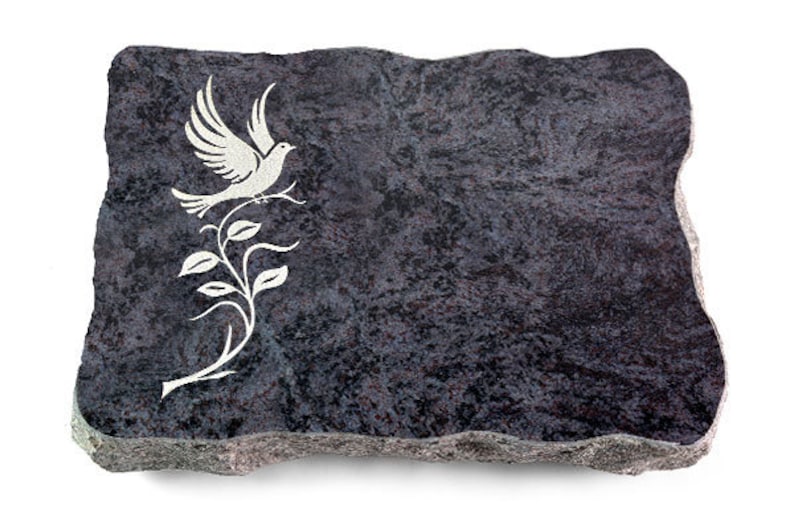 Granit Grabplatte 40x30x5cm im Material Orion, Oberfläche Poliert Kanten gesprengt inklusive Inschrift und Ornament Taube 3