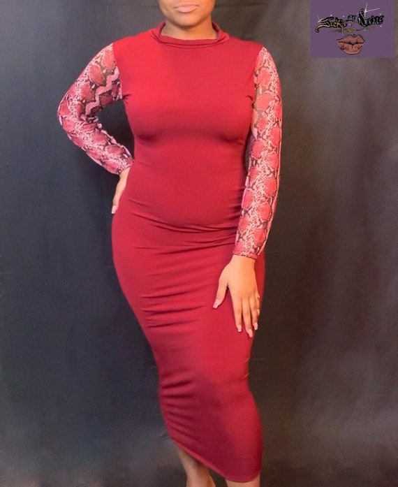 Maroon Snakeskin Sleeve Accented Bodycon Dress Formal Gown Cocktail Graduation Special Occasion Party Reception Holiday Red Etsy