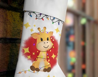 Giraffe Christmas Stocking,  Cute Safari Animal With Christmas Lights Stocking, Kids Holiday Stocking, Christmas Decoration Fireplace Gift