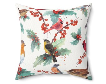 Bird Spun Polyester Square Pillow, Holiday Bird on Branches Pattern Pillow Home Decor, Decorative Pillows For Living Room, Gift For Her
