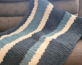 Blue and White Chunky Knit Blanket Couch Throw, 47" x 30" Afghan For Relaxing