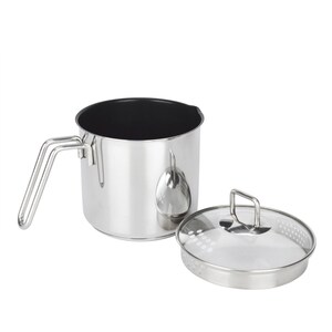 May include: A stainless steel camping pot with a black interior, a handle, and a lid. The lid is clear with a stainless steel handle. The pot has a spout for easy pouring. Ideal for outdoor cooking and camping.
