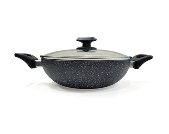 Ignite Cookware 26cm Marble Non-Stick Wok | Stir-Fry Pan with Glass Lid | Kadai | Fry Pan | PFOA Free Non Stick | Suitable for All Hobs