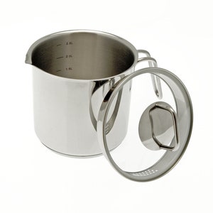 May include: A stainless steel saucepan with a glass lid. The pot has a pouring spout and a handle. The interior has measurement markings for 1.5L, 2.0L, and 2.5L. The lid has a stainless steel handle and a rim with small holes.