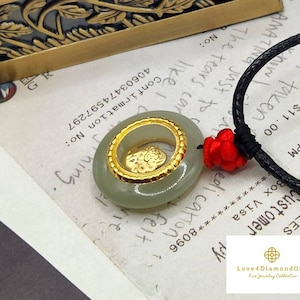 Collar de oro auténtico de 24 quilates, collar de jade auténtico, collar de Pixiu de 24 quilates, collar de Piyao, collar de Feng Shui de 24 quilates, collar de la suerte, collar de Pixiu giratorio