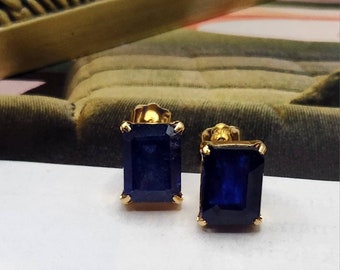 18K Real Sapphire Earrings 5 Carats Blue Sapphire Stud Earrings 18K Minimalist Earrings 18 Karat Gold Sapphire Earrings Fine jewelry