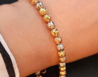18K TriColor Solid Gold Ball Chain Bracelet  | 18K  TriColor Diamond Cut Bead Link Chain Bracelet | Stacking Bracelet : Au750