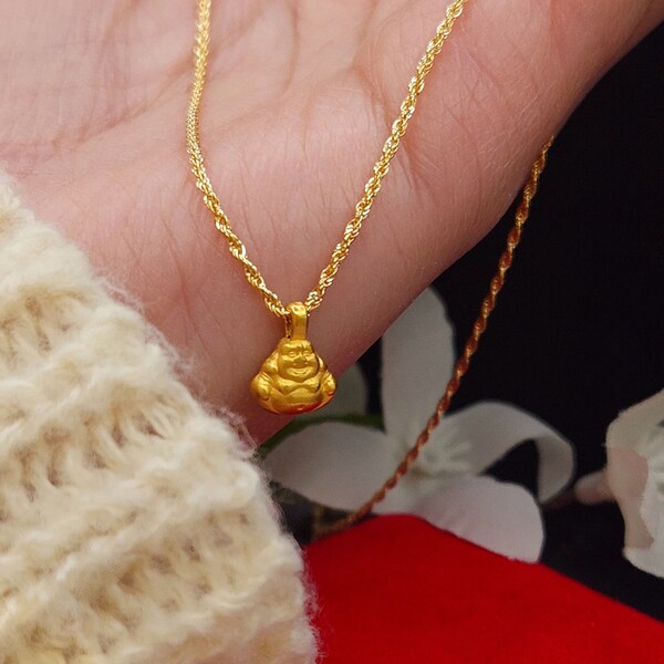 Real Pure Gold 24K Pendant 18K Gold Chain Necklace Lucky Necklace Wealth Necklace Gold Buddha Necklace Minimalist Gold Necklace 18K Chain