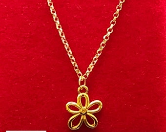 24K Real Gold Necklace Minimalist Gold Necklace 24K Flower Necklace Pure Gold Flower Pendant 18K Gold Rolo Chain Flower Lover Gold Necklace