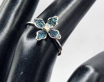 18K Blue Diamond Ring Blue Diamond Clover Ring Real Gold Ring 18K Clover Ring Lucky Clover Ring 18K Lucky Ring 18K Gold Minimalist Ring