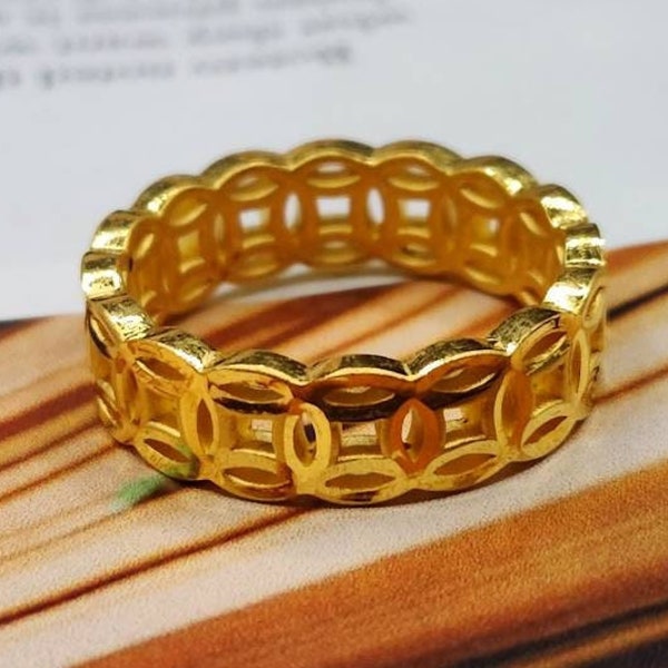 Anillo de oro puro real de 24K Anillo de dinero de oro de 24K Anillo de banda de 24K Anillo de moneda de 24K Anillo de riqueza Anillo de la suerte de 24K Anillo de Feng Shui real de 24K Banda de oro puro