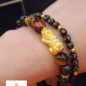 24K Real Gold Pixiu Bracelet 24K Real Feng Shui Bracelet 24K Pixiu Bracelet 24K Dragon Bracelet 24K Lucky Bracelet Obsidian Bracelet - PAIR