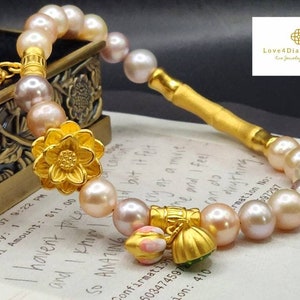 Real 24 Karat Pure Gold Bracelet Lucky Flower Bracelet 24K  Lotus Bracelet 24K Gold Pearl Bracelet Feng Shui Bracelet 24K Bamboo Bracelet