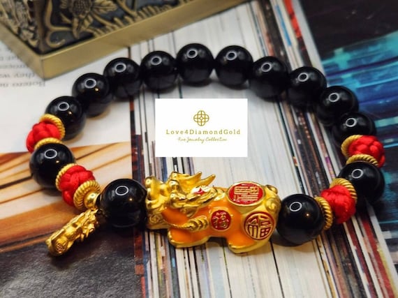 Black Obsidian Feng Shui Attract Wealth Enamel Dragon Beads Stretch 7