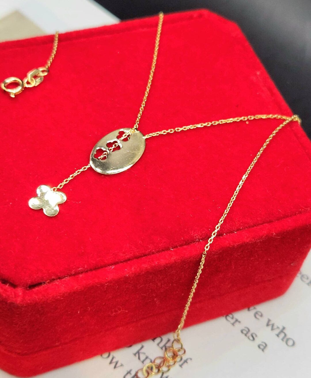 18K Real Solid Gold Necklace Minimalist Necklace Gold Lucky Clover