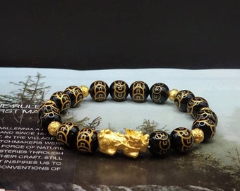 Echtes 24K Gold Pixiu Armband Feng Shui Armband 24K Reichtum Armband 24K Geldkugel Armband 24K Lucky Piyao Armband 24K Onyx Armband