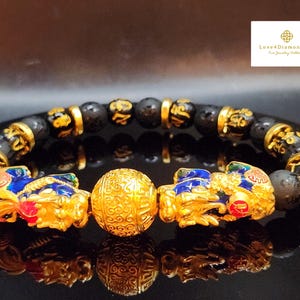 24K Echt Feng Shui Armband 24K Pixiu Armband Reichtum Armband Solid Gold Geldfänger Armband 24K Doppel Pixiu Armband Obsidian Armband