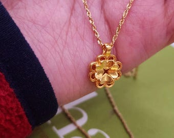 24K Real Gold Necklace Minimalist Gold Necklace 24K Flower Necklace Pure Gold Flower Pendant 18K Gold Rolo Chain Flower Lover Gold Necklace