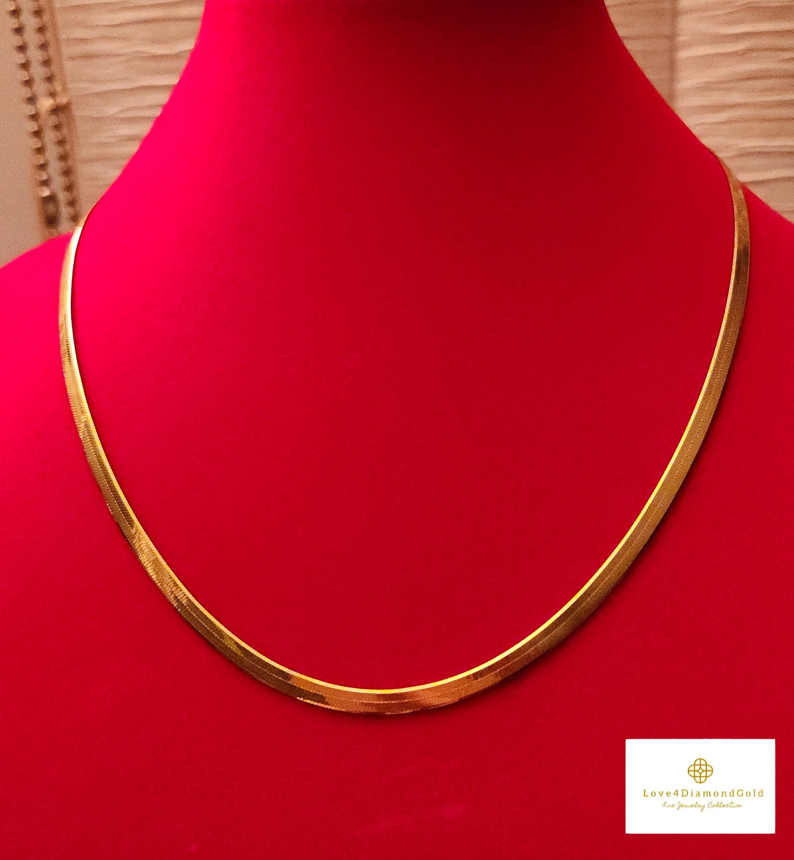18K Solid Gold Herringbone Chain Necklace (3.4mm, 16-18