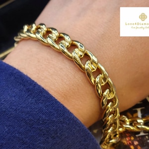 7.5&quot; Real 18K Gold Chunky Chain Bracelet Gourmette Chain 18K Curb Chain Bracelet Gold Miami Cuban Chain Bracelet Shiny Gold Chain Bracelet
