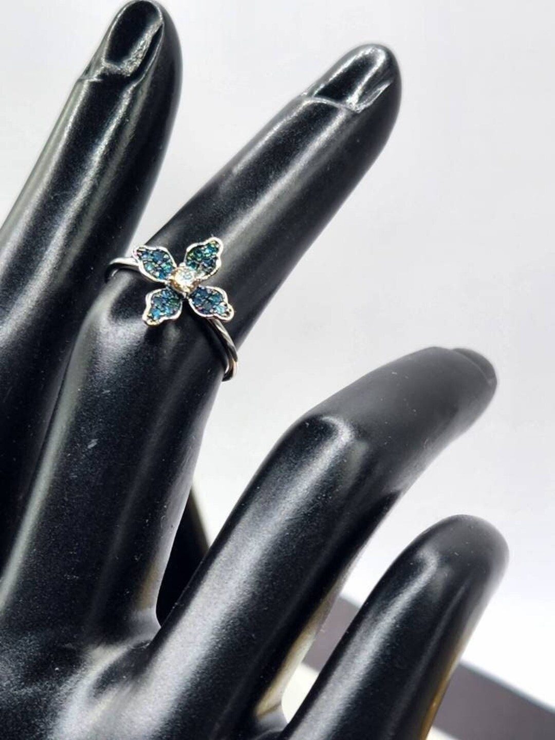 18K Blue Diamond Ring Blue Diamond Clover Ring Real Gold Ring 18K ...