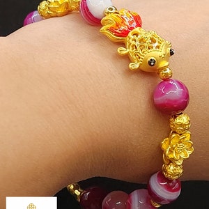 Real 24 Karat Pure Gold Lotus Bracelet Lucky Bracelet Koi Bracelet Bamboo Bracelet  Feng Shui  Bracelet Agate Bracelet Birthday Gift For Her
