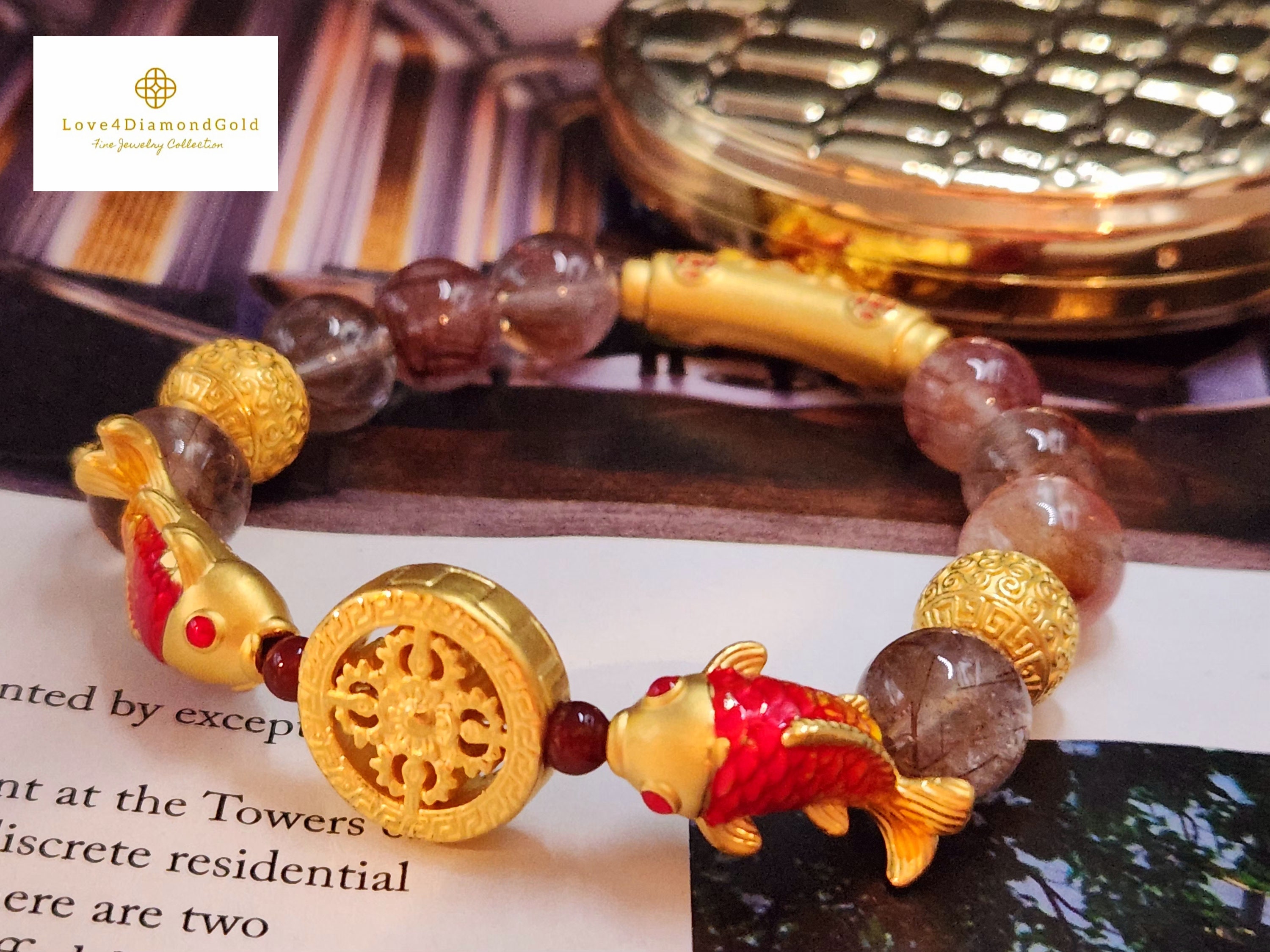 Genuine Pure Gold Bracelet 24 Karat Gold Koi Fish Bracelet Feng Shui Bracelet 24K Gold Pi Xiu Bracelet 24K Mantra Bracelet Clover Bracelet