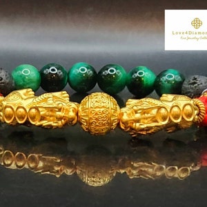24K Echt Feng Shui Armband 24K Pixiu Armband Reichtum Armband Solid Gold Geldfänger Armband Doppelt Pixiu Armband Tigerauge Armband